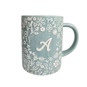 New Modern Expressions Embossed Letter A Ceramic Mug Tea Cup Blue Floral 16oz